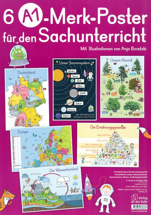 6 A1-Merk-Poster für den Sachunterricht - Deutschland, Europa, Wasserkreislauf, Sonnensystem, Bäume, Ernährungspyramide